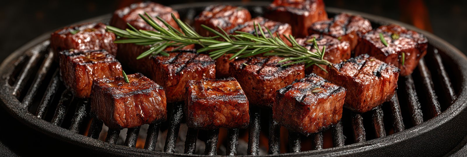 A close-up of juicy steak cubes grilling on a cast iron grill with fresh rosemary sprigs